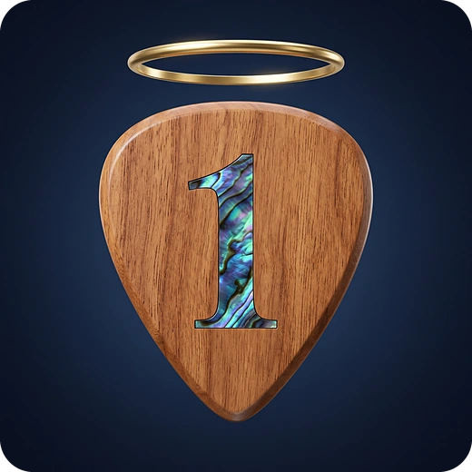 Nashville Angel Numbers — a wooden guitar pick with an abalone 1 and a gold halo